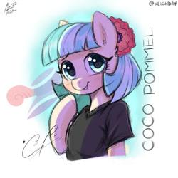 Size: 1200x1200 | Tagged: safe, artist:aer0 zer0, imported from derpibooru, coco pommel, earth pony, pony, semi-anthro, clothes, female, flower, flower in hair, mare, shirt, simple background, smiling, solo, solo female, t-shirt, white background