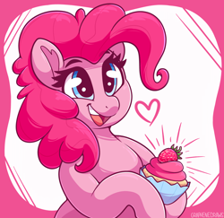 Size: 2900x2814 | Tagged: safe, artist:graphene, imported from derpibooru, pinkie pie, earth pony, semi-anthro, cupcake, cute, eyebrows, eyebrows visible through hair, female, food, happy, heart, mare, open mouth, open smile, smiling, solo