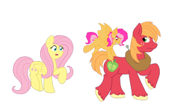 Size: 1280x784 | Tagged: safe, artist:dreamy-tommy, imported from derpibooru, big macintosh, fluttershy, oc, bat pony, earth pony, pegasus, pony, bat pony oc, bat wings, concerned, family, fangs, father and child, father and daughter, female, filly, fluttermac, foal, looking back, male, mare, offspring, parent:big macintosh, parent:fluttershy, parents:fluttermac, shipping, simple background, stallion, straight, transparent background, wings