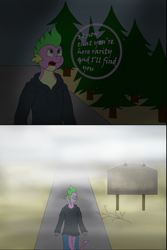 Size: 1284x1924 | Tagged: safe, artist:dreamy-tommy, imported from derpibooru, spike, dragon, adult, adult spike, clothes, comic, crossover, fog, forest, hoodie, implied rarity, implied shipping, implied sparity, implied straight, nature, older, older spike, sign, silent hill, speech bubble, tree