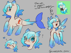 Size: 4096x3072 | Tagged: safe, artist:metaruscarlet, imported from derpibooru, oc, oc only, oc:beach crystal, merpony, original species, pegasus, pony, pony town, clothes, english, eyes closed, fish tail, gray background, heart, open mouth, pegasus oc, question mark, simple background, spread wings, tail, wing ears, wings