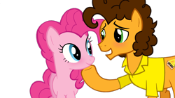 Size: 3000x1687 | Tagged: safe, artist:dreamy-tommy, edit, edited screencap, imported from derpibooru, screencap, cheese sandwich, pinkie pie, earth pony, pony, pinkie pride, background removed, blushing, cheesepie, female, hoof on chin, looking at each other, looking at someone, male, mare, shipping, simple background, smiling, stallion, straight, transparent background