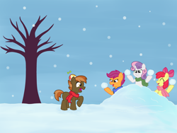 Size: 3000x2250 | Tagged: safe, artist:dreamy-tommy, imported from derpibooru, apple bloom, button mash, scootaloo, sweetie belle, earth pony, pegasus, pony, unicorn, clothes, colt, contest entry, cutie mark crusaders, female, filly, foal, male, scarf, snow, snowball, snowball fight, snowfall