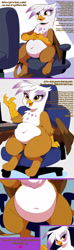 Size: 2000x6712 | Tagged: safe, artist:rupert, imported from derpibooru, gilda, griffon, series:ask white belly gilda, ai assisted, ai content, ai generated, ask, belly, belly button, big belly, chair, chubby, cute, dialogue, featureless crotch, female, food, generator:pony diffusion v6 xl, generator:stable diffusion, gildadorable, heart, high res, implied manehattan, lidded eyes, onomatopoeia, pale belly, plump, prompter:rupert, sitting, solo, stomach noise, tumblr, white belly