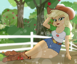 Size: 9582x8052 | Tagged: safe, artist:emeraldblast63, imported from derpibooru, applejack, human, equestria girls, applebucking thighs, bedroom eyes, boots, breasts, busty applejack, cleavage, clothes, cowboy hat, freckles, hat, lens flare, lipstick, looking at you, shoes, stupid sexy applejack, sultry pose, sweet apple acres, thighs, thunder thighs, wide hips