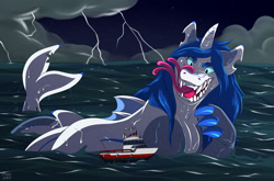 Size: 1500x990 | Tagged: source needed, safe, artist:muzz, imported from derpibooru, oc, oc only, oc:prince nova, hybrid, shark, unicorn, dorsal fin, fangs, fin, fins, fish tail, flowing mane, long tail, ocean, scales, swimming, tail, water