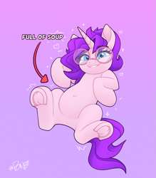 Size: 2177x2480 | Tagged: safe, artist:rivin177, imported from derpibooru, oc, oc:rivin, pony, unicorn, belly, belly button, blue eyes, cute, female, glasses, grin, implied soup, looking at you, mare, meme, ocbetes, raised hoof, smiling, underhoof