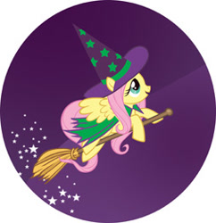 Size: 254x262 | Tagged: safe, artist:daniel jorge conci, imported from derpibooru, fluttershy, pegasus, pony, broom, cape, circle background, clothes, female, flying, flying broomstick, hat, mare, official, panini, solo, sparkles, spread wings, stock vector, wings, witch costume, witch hat