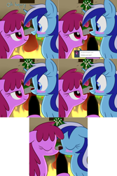 Size: 2562x3844 | Tagged: safe, artist:acersiii, imported from derpibooru, berry punch, berryshine, minuette, pony, berrygate, female, kissing, lesbian, mistletoe, shipping, tumblr:questioncolgatepony