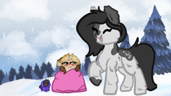 Size: 1920x1080 | Tagged: safe, artist:nootaz, imported from derpibooru, oc, oc only, oc:elinvar, oc:inkenel, oc:oretha, pony, unicorn, blanket, clothes, cold, fluffy, frown, jacket, shivering, smol, snow, snowfall, trio, yakutian horse