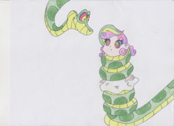 Size: 1024x746 | Tagged: safe, artist:reimon-master-ii, imported from derpibooru, sweetie belle, human, snake, equestria girls, :o, alternate hairstyle, clothes, coils, dress, duo, female, humanized, hypno eyes, hypnosis, hypnotized, kaa, kaa eyes, male, open mouth, patting, smiling, wrapped up