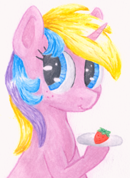 Size: 1863x2560 | Tagged: safe, artist:chevaleto, derpibooru exclusive, imported from derpibooru, holly dash, pony, unicorn, background pony, female, food, holding, looking at you, plate, simple background, smiling, solo, strawberry, traditional art, watercolor painting