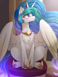 Size: 1125x1500 | Tagged: safe, artist:taiweiart, imported from derpibooru, princess celestia, alicorn, pony, belly fluff, chest fluff, crown, ethereal mane, ethereal tail, female, hoof shoes, jewelry, long mane, mare, neck fluff, partially open wings, peytral, princess shoes, regalia, sitting, solo, starry mane, starry tail, tail, wings