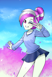 Size: 1500x2200 | Tagged: safe, artist:nekojackun, imported from derpibooru, oc, oc only, oc:rosemile mulberry, human, equestria girls, one eye closed, pace sign, smiling, wink