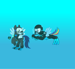 Size: 4535x4157 | Tagged: safe, artist:chainchomp2, artist:sonicstreak5344, imported from derpibooru, rainbow dash, soarin', pegasus, pony, dive mask, female, flippers (gear), goggles, male, rebreather, scuba diving, scuba gear, shipping, soarindash, stallion, straight, underwater, water, wetsuit