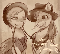 Size: 2261x2048 | Tagged: safe, artist:daisy_marshmallow, imported from derpibooru, queen haven, sunny starscout, earth pony, pegasus, pony, adorahaven, bandana, clothes, cowboy hat, cute, duo, duo female, female, g5, hat, lasso, lesbian, looking at each other, looking at someone, mane stripe sunny, monochrome, rope, shipping, smiling, sunnybetes, sunnyhaven, text