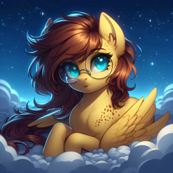 Size: 4096x4096 | Tagged: prompter needed, safe, derpibooru exclusive, imported from derpibooru, oc, oc only, oc:yuris, pegasus, pony, ai content, ai generated, cloud, ears up, female, glasses, lies, looking at you, night, open mouth, sky, solo, stars