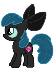 Size: 486x622 | Tagged: safe, anonymous artist, imported from derpibooru, apple bloom, queen chrysalis, earth pony, pony, black bow, female, filly, foal, palette swap, recolor, smiling, solo, solo female