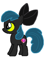 Size: 486x621 | Tagged: artist needed, safe, anonymous artist, imported from derpibooru, apple bloom, queen chrysalis, earth pony, pony, black bow, female, filly, foal, palette swap, recolor, smiling, solo, solo female, ultimate chrysalis