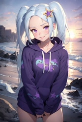 Size: 1024x1536 | Tagged: safe, imported from derpibooru, trixie, human, ai content, ai generated, beach, breasts, busty trixie, clothes, female, generator:yodayo, hoodie, humanized, long hair, looking at you, no pants, ocean, outdoors, pigtails, prompter:sammykun, sky, smiling, solo, sunset, thighs, twintails, water