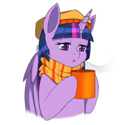 Size: 2000x2000 | Tagged: safe, artist:erein, imported from derpibooru, twilight sparkle, alicorn, pony, bedroom eyes, christmas, clothes, cold, colored, commission, cup, cute, ears up, female, flat colors, hat, high res, holiday, horn, multicolored hair, scarf, simple background, solo, twilight sparkle (alicorn), white background, wings, winter