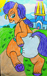 Size: 2086x3325 | Tagged: safe, artist:bitter sweetness, imported from derpibooru, sunny starscout, earth pony, abdl, crystal house, diaper, diaper butt, diaper fetish, dirt road, fetish, g5, hooves, looking at you, my little pony: a new generation, my little pony: make your mark, my little pony: tell your tale, open mouth, open smile, smiling, traditional art