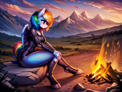 Size: 2048x1536 | Tagged: safe, derpibooru exclusive, imported from derpibooru, rainbow dash, anthro, pegasus, ai content, ai generated, alternate timeline, amputee, apocalypse dash, bodysuit, clothes, crystal war timeline, detailed background, female, fire, generator:easyfluff v11.2, generator:stable diffusion, mountain, mountain range, prompter:furtek, prosthetic limb, prosthetics, robotic arm, sad, sitting, solo, solo female, wings