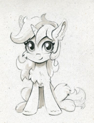 Size: 844x1100 | Tagged: safe, artist:maytee, imported from derpibooru, lyra heartstrings, pony, unicorn, chest fluff, ear fluff, grayscale, monochrome, sitting, smiling, solo, traditional art