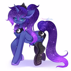 Size: 3000x3000 | Tagged: safe, artist:monstrum, imported from derpibooru, princess luna, alicorn, pony, clothes, cute, looking at you, simple background, socks, solo, stockings, thigh highs, white background