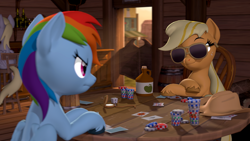 Size: 3840x2160 | Tagged: safe, artist:owlpirate, imported from derpibooru, applejack, derpy hooves, rainbow dash, earth pony, pegasus, pony, 3d, 4k, cider, crossed hooves, duo focus, female, frown, furrowed brow, hat off, high res, jug, mare, offscreen character, playing card, pocket watch, poker, poker chips, saloon, sitting, smiling, smirk, source filmmaker, sunglasses