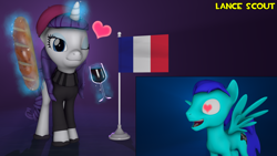 Size: 1920x1080 | Tagged: safe, artist:lancescout, imported from derpibooru, rarity, oc, oc:blue gamer, pegasus, pony, unicorn, 3d, alcohol, baguette, beatnik rarity, beret, bread, canon x oc, clothes, flag, floating heart, food, france, french, french rarity, glass, hat, heart, heart eyes, magic, one eye closed, pegasus oc, source filmmaker, sweater, wine, wine glass, wingding eyes, wings, wink