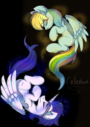 Size: 1240x1754 | Tagged: safe, artist:celedash, imported from derpibooru, rainbow dash, soarin', pegasus, fanfic:piercing the heavens, eyes closed, fake horn, female, magic, male, romance, shipping, soarindash, spread wings, straight, wings