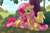 Size: 2193x1446 | Tagged: safe, artist:ls_skylight, edit, fluttershy, pinkie pie, earth pony, pegasus, pony, bush, chromatic aberration removal, cloud, female, floppy ears, friendship, grass, hug, lidded eyes, looking at someone, lying down, mare, one wing out, outdoors, prone, sitting, sleeping, tree, wing blanket, winghug, wings