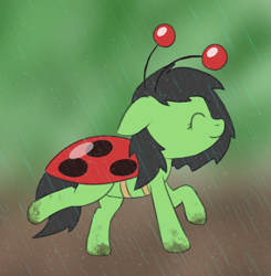 Size: 1390x1421 | Tagged: safe, artist:craftycirclepony, imported from derpibooru, oc, oc only, oc:filly anon, insect, ladybug, clothes, costume, cute, eyes closed, female, filly, foal, happy, mud, outdoors, rain, smiling, solo