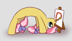 Size: 999x571 | Tagged: safe, artist:craftycirclepony, imported from derpibooru, kettle corn, earth pony, pony, bow, canvas, circle, cute, easel, female, filly, flexible, foal, hair bow, paintbrush, painting, solo, upside down