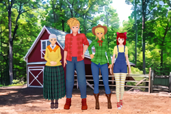 Size: 1280x853 | Tagged: safe, artist:samaster, imported from derpibooru, apple bloom, applejack, big macintosh, granny smith, anthro, human, 3d, apple family, blonde hair, clothes, denim, humanized, jeans, koikatsu, pants, red hair