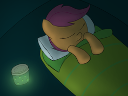 Size: 2000x1500 | Tagged: safe, artist:craftycirclepony, imported from derpibooru, scootaloo, firefly (insect), insect, pegasus, pony, camping, cute, eyes closed, female, filly, foal, hooves to the chest, jar, night, pillow, sleeping, sleeping bag, solo, tent