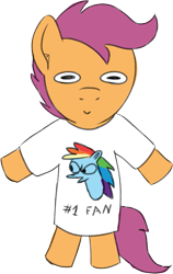 Size: 733x1159 | Tagged: safe, artist:craftycirclepony, imported from derpibooru, rainbow dash, scootaloo, pegasus, pony, #1, bipedal, clothes, faic, female, filly, foal, looking at you, shirt, smiling, solo, t-shirt