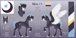 Size: 8000x4000 | Tagged: safe, artist:nocti-draws, imported from derpibooru, oc, oc only, oc:nocti, pegasus, pony, absurd resolution, coat markings, color palette, concave belly, cutie mark, ear fluff, english, female, fit, gradient background, large wings, mare, muscles, nonbinary pride flag, pride, pride flag, pronouns, raised hoof, reference sheet, short mane, short tail, side view, slender, socks (coat markings), solo, spread wings, tail, tall, thin, wingless, wings