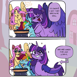 Size: 2000x2000 | Tagged: safe, artist:channydraws, imported from derpibooru, fluttershy, rainbow dash, twilight sparkle, alicorn, pegasus, pony, 2 panel comic, behaving like a bird, bird seed, comic, dialogue, eating, eyeshadow, female, floppy ears, flower, flower in hair, glasses, grin, makeup, mare, smiling, sparkles, speech bubble, trio, twilight sparkle (alicorn)