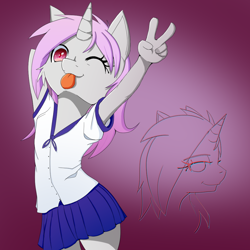 Size: 1000x1000 | Tagged: safe, artist:fajnyziomal, imported from derpibooru, oc, oc:purple light, anthro, unicorn, clothes, female, filly, foal, one eye closed, shirt, skirt, solo, tongue out, wink