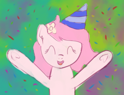 Size: 1146x883 | Tagged: safe, artist:craftycirclepony, imported from derpibooru, oc, oc only, oc:kayla, earth pony, pony, confetti, cute, eyes closed, female, filly, flower, flower in hair, foal, happy, hat, open mouth, party hat, raised leg, smiling, solo, underhoof