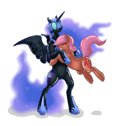 Size: 1400x1491 | Tagged: safe, artist:tdg, imported from derpibooru, nightmare moon, oc, oc:maple gleam, alicorn, earth pony, latex pony, original species, pony, earth pony oc, latex, living latex, pounce, surprised