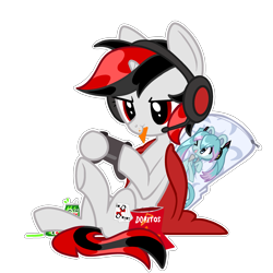 Size: 2619x2619 | Tagged: safe, artist:blurry-kun, edit, imported from twibooru, oc, oc only, oc:blackjack, pony, unicorn, fallout equestria, fallout equestria: project horizons, body pillow, chips, commission, controller, cute, doritos, eating, fanfic art, female, food, gaming, gaming headset, headset, high res, horn, image, mare, mountain dew, outline, png, simple background, small horn, soda can, solo, transparent background, unicorn oc, ych result