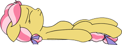 Size: 1576x587 | Tagged: safe, artist:craftycirclepony, imported from derpibooru, kettle corn, earth pony, pony, bow, female, filly, foal, frown, hair bow, lidded eyes, lying down, solo, stuffed belly, wavy mouth