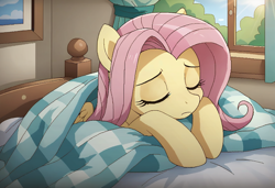 Size: 1216x832 | Tagged: prompter needed, source needed, safe, imported from derpibooru, fluttershy, pegasus, pony, ai content, ai generated, bed, generator:purplesmart.ai, generator:stable diffusion, indoors, sleeping