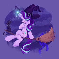 Size: 2514x2513 | Tagged: safe, artist:ls_skylight, edit, starlight glimmer, cat, pony, unicorn, :3, bell, bell collar, broom, chest fluff, chromatic aberration removal, collar, commission, crossed legs, eye clipping through hair, female, flying, flying broomstick, glowing, glowing horn, halloween, hat, high res, holiday, hoof on chest, horn, lens flare, looking at you, magic, mare, night, smiling, smiling at you, solo, tail, witch, witch hat, ych result