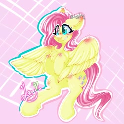 Size: 1080x1080 | Tagged: safe, artist:lery rada, imported from twibooru, fluttershy, pegasus, pony, abstract background, blushing, chest fluff, cutie mark, female, flying, grin, image, mare, needs more jpeg, smiling, solo, tail