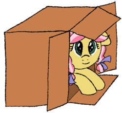 Size: 1166x1084 | Tagged: safe, artist:craftycirclepony, imported from derpibooru, kettle corn, bow, box, cardboard box, cute, female, filly, foal, hair bow, hiding, lying down, smiling, solo