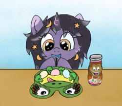 Size: 1436x1246 | Tagged: safe, artist:craftycirclepony, imported from derpibooru, oc, oc only, oc:rivibaes, pony, unicorn, broccoli, cute, danimals, excited, female, filly, foal, food, hair accessory, hoof tapping, mochi, nori maki, open mouth, plate, smiling, snacks, solo, table, yogurt, zoo pals